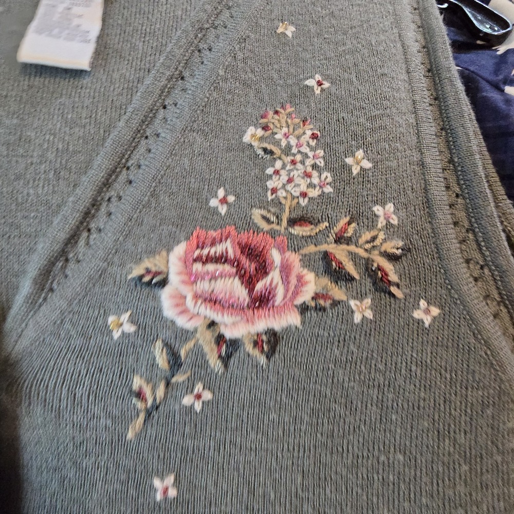 Vintage 90s Koret Floral Embroidert Sweater Vest Women M Green Pink Boho Cottage - Picture 5 of 12